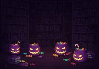 Halloween Candy Buckets in a Dark Library