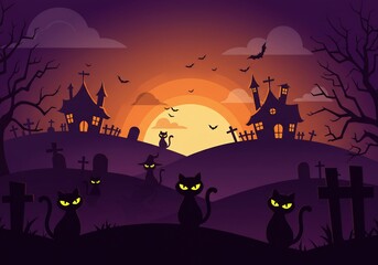 Halloween Night Village with Black Cats and Sunset