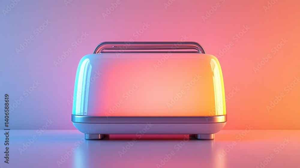Poster a sleek, modern toaster with vibrant lighting against a gradient background, emphasizing its design 
