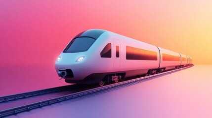 Fototapeta premium A sleek, modern train travels along a track, set against a vibrant gradient sky of pink and orange hues, suggesting motion and innovation.