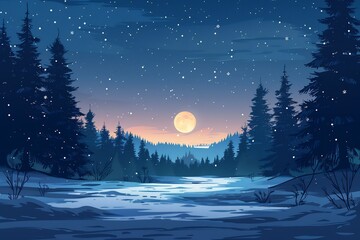 Fototapeta premium Winter solstice snowy landscape starry night sky pine trees frost cool blue and white palette