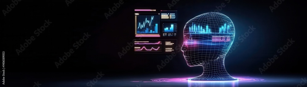 Poster a digital human head silhouette displays graphs and data, illustrating the intersection of technolog