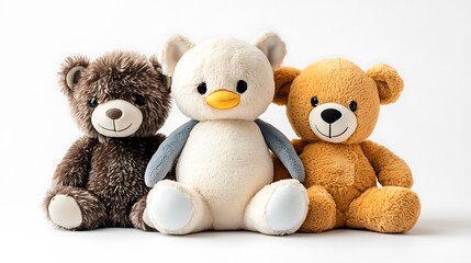 Cute plush toys including teddy bears and a penguin on white background, children's stuffed animals collection
