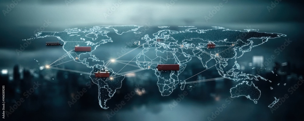 Poster a digital world map with highlighted shipping routes, showcasing global trade and connectivity throu