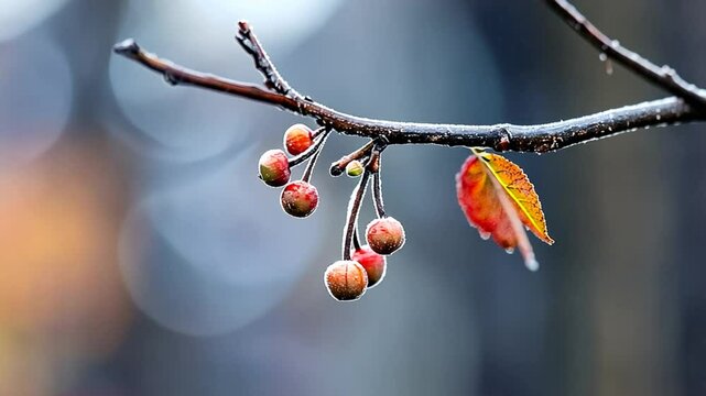Close-up of dew-covered crabapple fruit and leaves on a branch, with a blurred forest backdrop