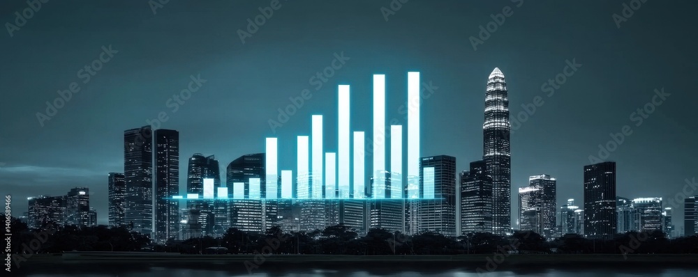Poster a digital city skyline featuring illuminated bars and skyscrapers, blending modern architecture with