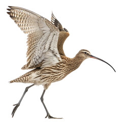 Curlew in Motion, About to Take Flight on white background