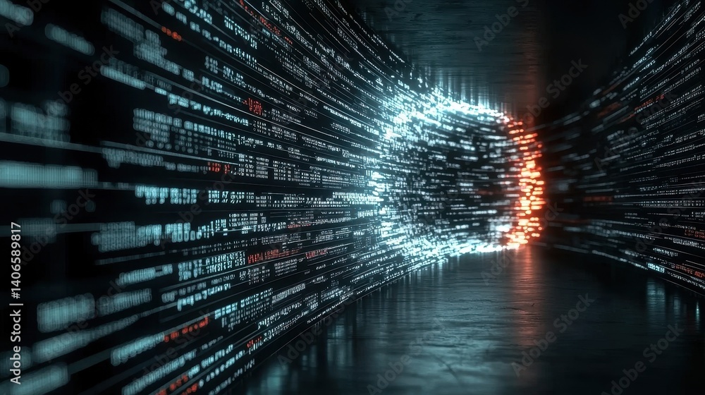Poster a futuristic tunnel with flowing digital data streams, creating a sense of motion and depth, illumin