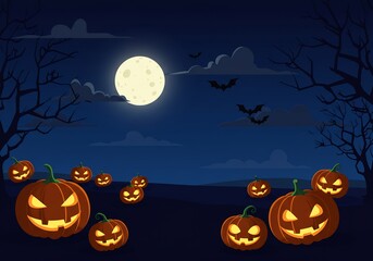 Pixel Art Halloween Night Scene with Glowing Pumpkins and Bats