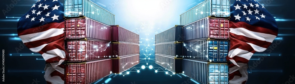 Poster a digital artwork featuring shipping containers adorned with american flags, creating a striking vis