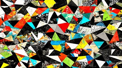 Vibrant, geometric collage of triangular shapes.