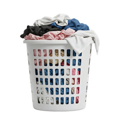 A pile of dirty clothes in a plastic laundry basket. Isolated on a transparent background,