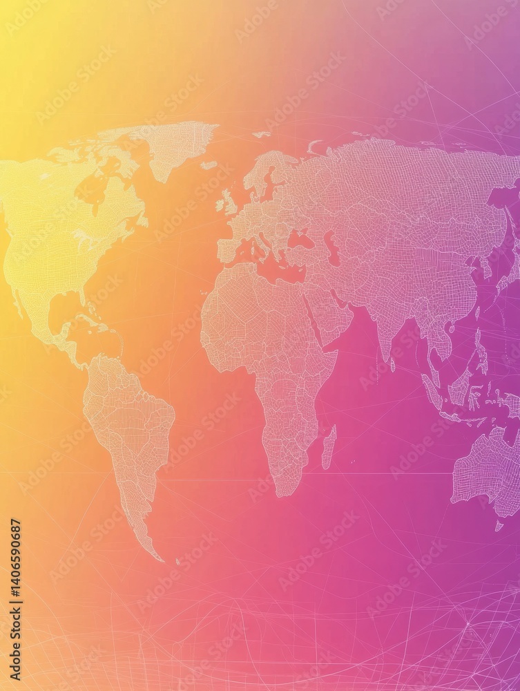 Poster Global concept background featuring smooth gradient with faint outlines of continents for creative design