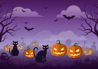 Fototapeta premium Pixel Art Halloween Scene with Black Cats and Pumpkins