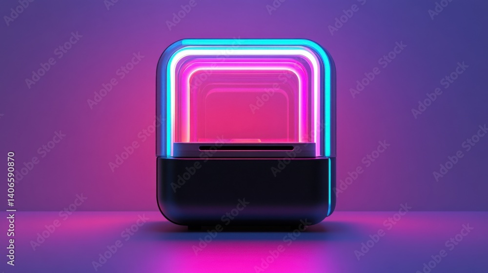 Poster a modern, illuminated object with layers of vibrant pink and blue lighting against a soft gradient b