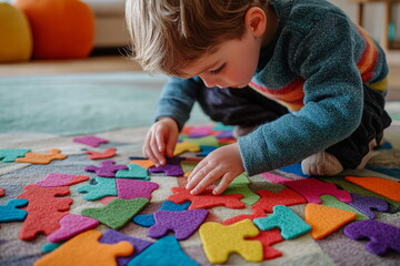 Child assembling colorful floor puzzle pieces — a fun and engaging activity to promote cognitive development and fine motor skills through hands-on learning.

