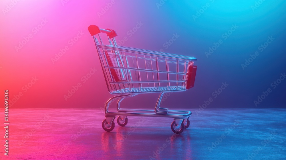 Poster a vibrant shopping cart illuminated by colorful lights against a smooth surface, creating a modern a