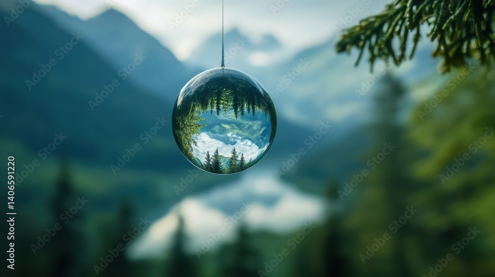Poster transparent droplet captures stunning reflection of mountains and forest landscape in macro detail d