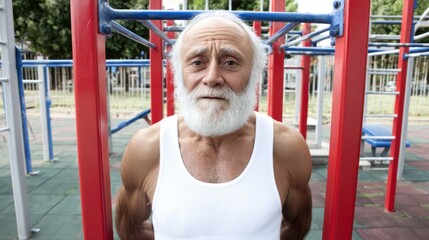 Obraz premium A bearded elderly man exercises on bright outdoor gym equipment, embodying strength and vitality.