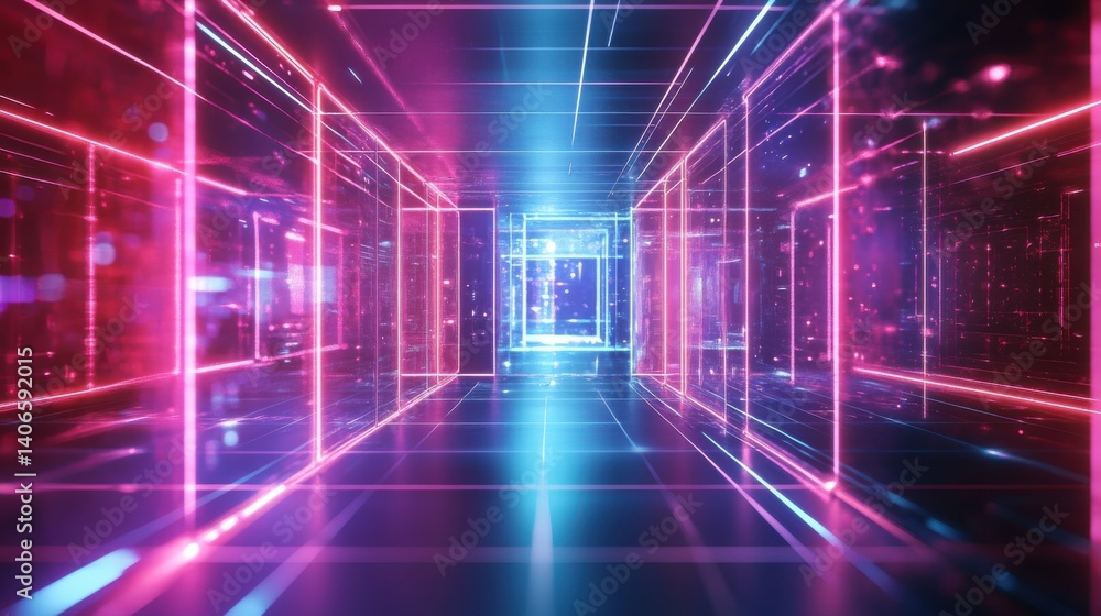 Poster a futuristic digital corridor illuminated with vibrant neon lights, creating a sense of depth and mo