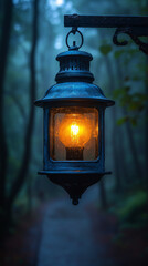 Vintage Lantern Illumination in a Mystical Foggy Woodland Pathway for Enchanting Outdoor Photography