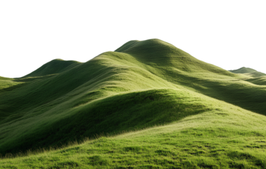  Green hill, transparent background, PNG element for photo collage. Green grassy hills with a small mountain in the background