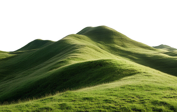  Green hill, transparent background, PNG element for photo collage. Green grassy hills with a small mountain in the background