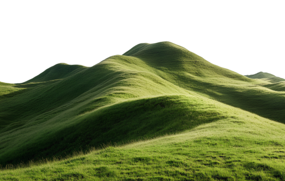  Green hill, transparent background, PNG element for photo collage. Green grassy hills with a small mountain in the background