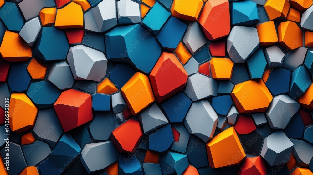 Poster a vibrant abstract texture featuring colorful geometric shapes in blue, orange, and gray, creating a
