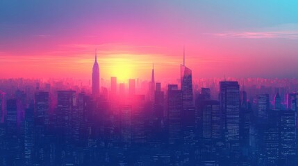 Fototapeta premium A vibrant city skyline at sunset, featuring tall buildings silhouetted against a colorful sky of pink, purple, and orange hues.