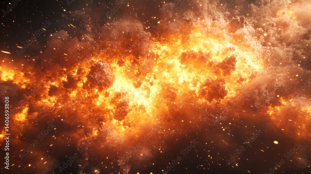 Poster a dramatic explosion of fiery colors and particles, creating a stunning visual effect that conveys i