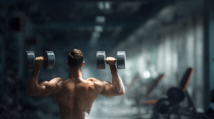 A bodybuilder performs an Arnold press with heavy dumbbells, twisting at the top of the motion. His torso is glistening, and his focus unwavering. Mirrors line the walls, reflecting rows of weight