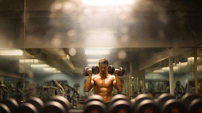 A bodybuilder performs an Arnold press with heavy dumbbells, twisting at the top of the motion. His torso is glistening, and his focus unwavering. Mirrors line the walls, reflecting rows of weight