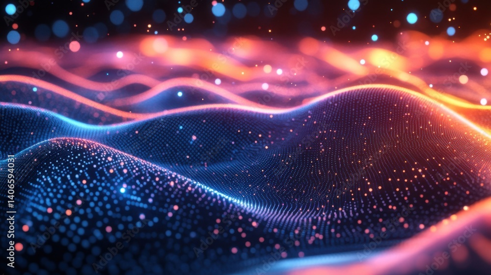 Poster a vibrant, abstract representation of flowing waves illuminated by colorful particles, creating a dy