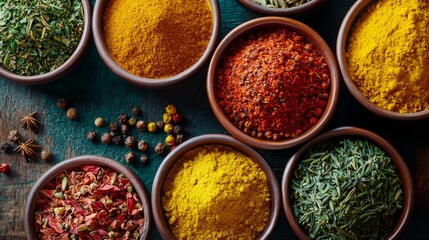 Traditional Middle Eastern Spices in Colorful Bowls on Wooden Table