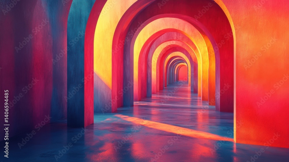 Poster a vibrant corridor featuring colorful arches and reflections on a glossy floor, creating a surreal a