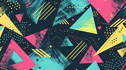 Retro 80s Geometric Triangle Pattern Background in Teal, Pink, and Yellow