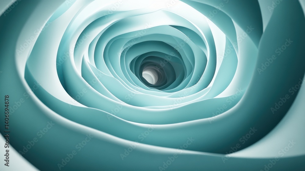 Poster a mesmerizing spiral pattern resembling a flower, created with smooth, layered curves in soothing sh