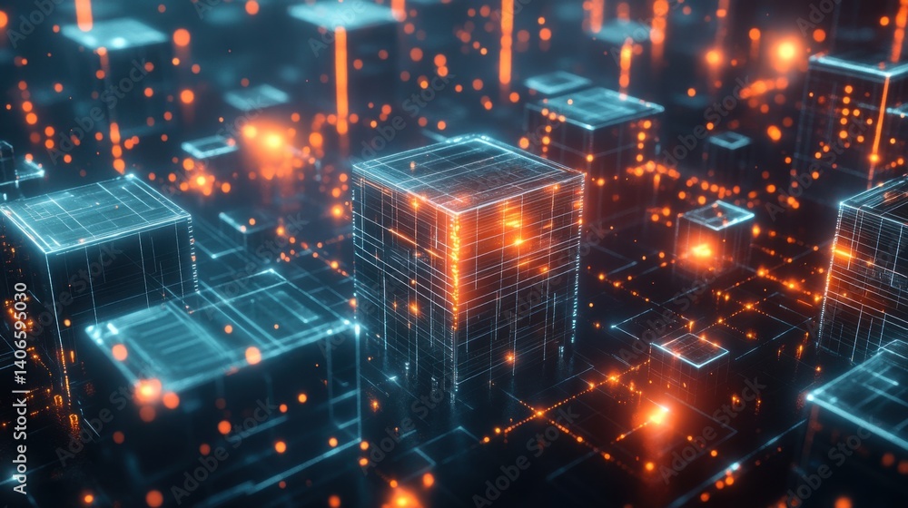 Poster a futuristic digital landscape featuring glowing cubes and interconnected lines, representing techno