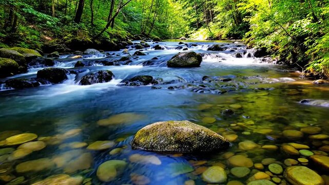 Crystal Clear River Flowing Gently Through Nature with Sparkling Water