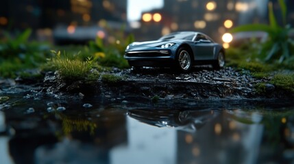 Urban car, miniature model, reflective puddle, city lights