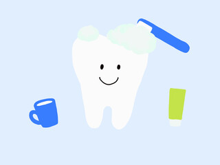 歯磨き：歯・歯ブラシ・コップ：健康で元気な歯のイラスト・水色