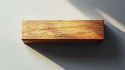 A wooden block displayed on a surface, showcasing its natural grain and warm tones illuminated by soft lighting.