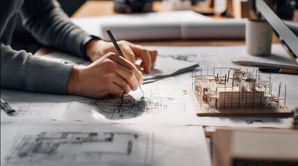 architect design working drawing sketch plans blueprints and making architectural construction model in architect studio,flat lay long banner.
