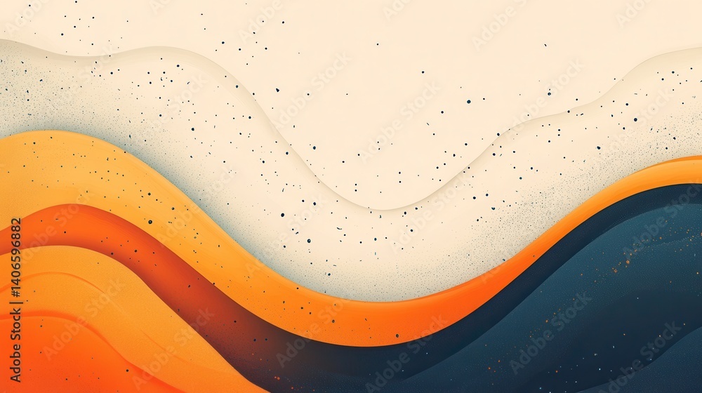 Poster an abstract composition featuring flowing waves in vibrant orange and blue hues, creating a serene a