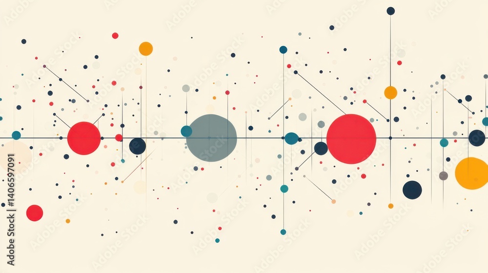Poster a colorful abstract design featuring various circles and lines on a light background, creating a dyn