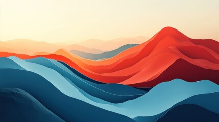 A serene landscape of rolling hills and valleys, showcasing vibrant red and blue hues under a soft, warm light.