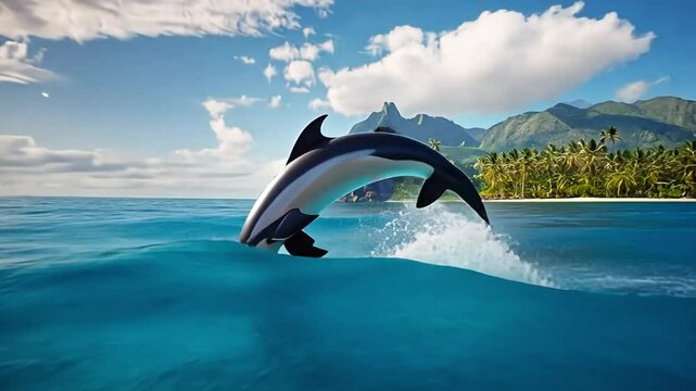 Majestic dolphin leaping from turquoise ocean near tropical island paradise