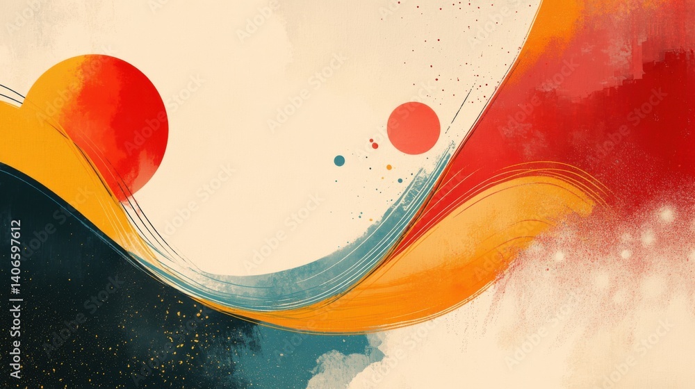 Aufkleber an abstract composition featuring vibrant waves of color, with circular shapes and dynamic lines aga
