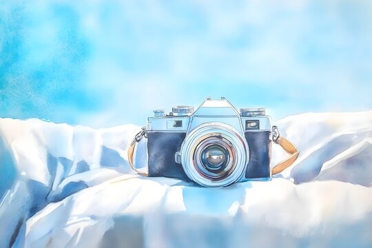 Watercolor Vintage Camera on Sofa with Blue Sky, Generative AI